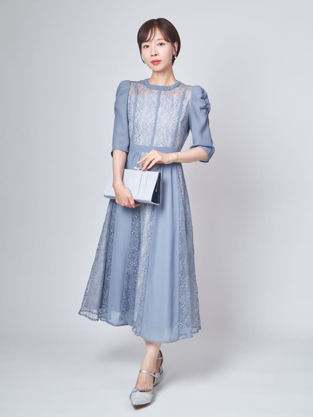 シフォン切り替えレースドレス