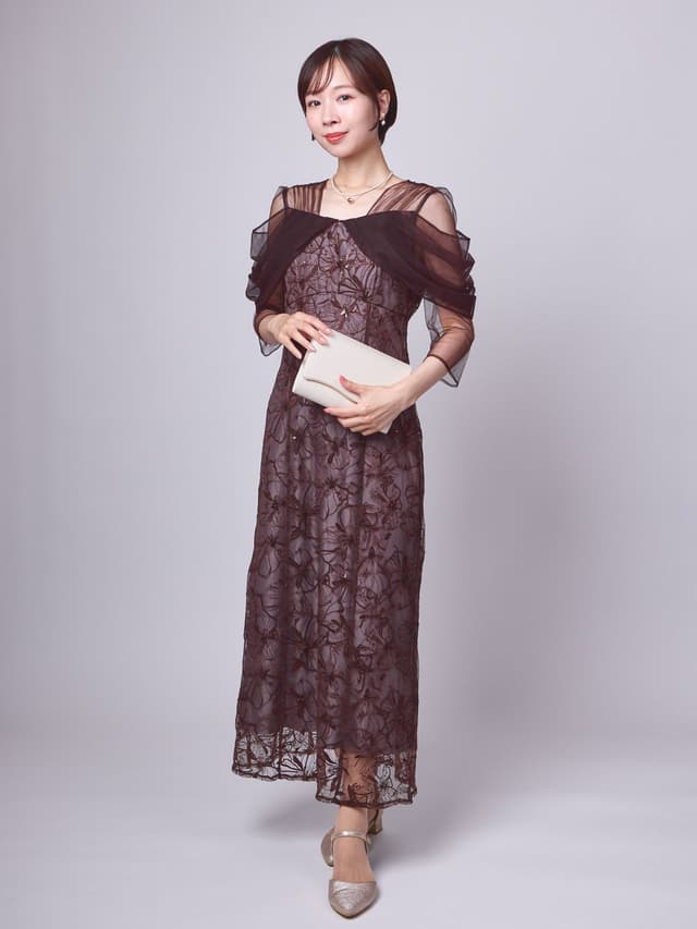 tulle drape spangle dress(ダークブラウン)