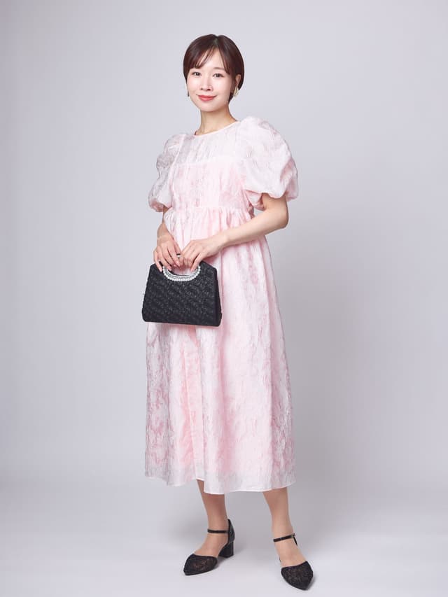bubble sleeve jacquard dress(ピンク)